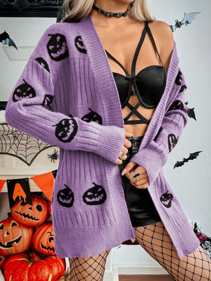 Halloween Casual Pumpkin Pattern Knit Cardigan