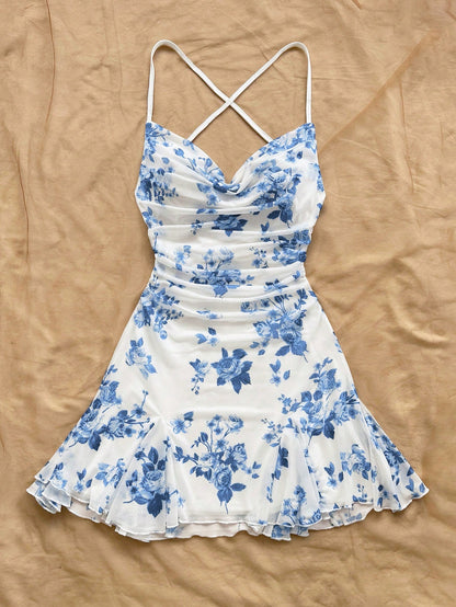 Women's Boho Multicolor Floral Spaghetti Strap Mini Dress