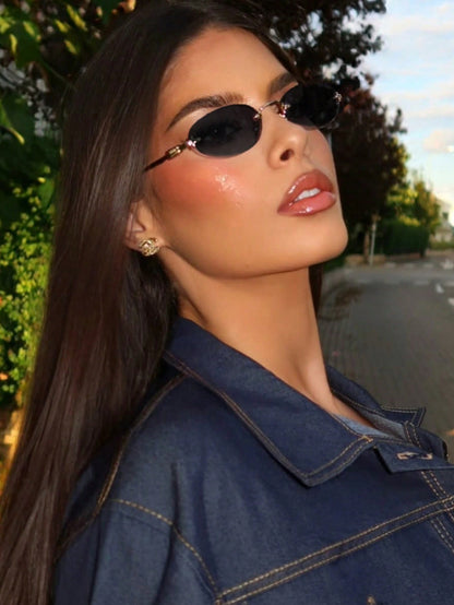 Women's Dark Grey Oval Frameless Metal Arm Glasses