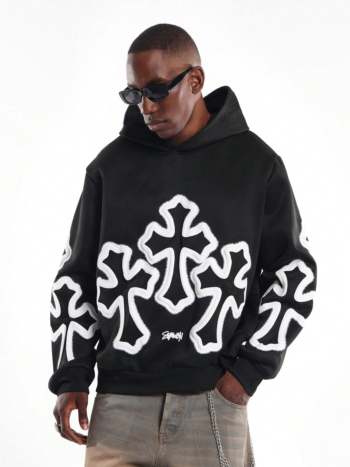 White Cross Graffiti Oversized Pullover Hoodie