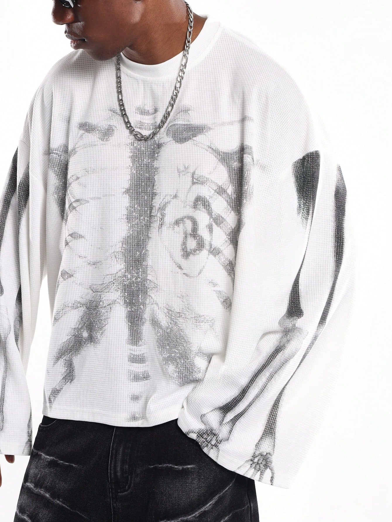 Oversized Gothic Skeleton Waffle Long Sleeve Tee