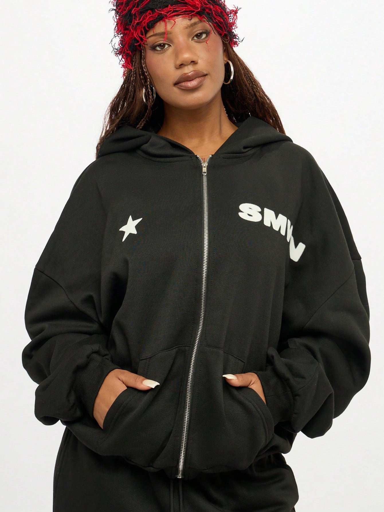Women Star Patch Oversized Zip Hoodie
