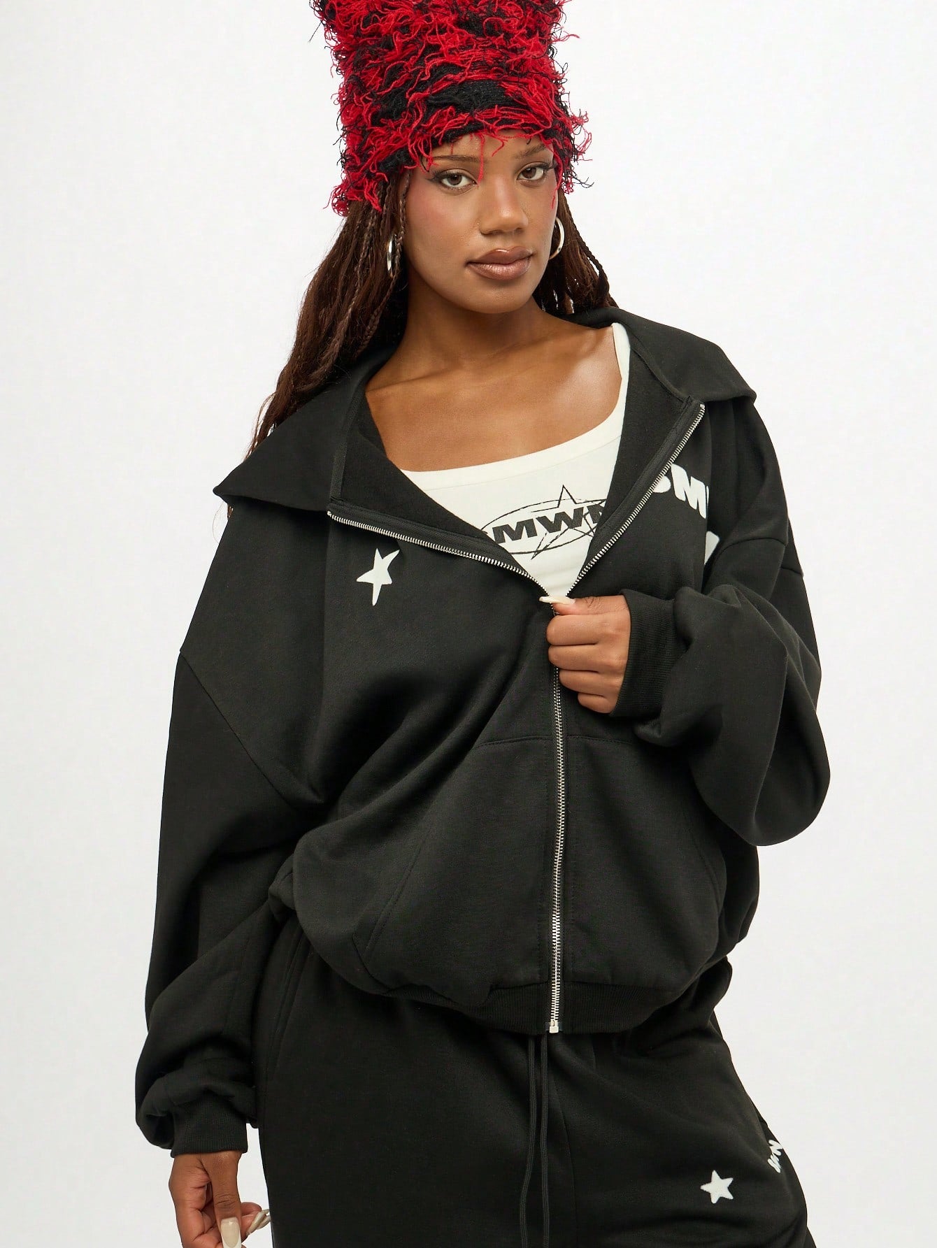 Women Star Patch Oversized Zip Hoodie