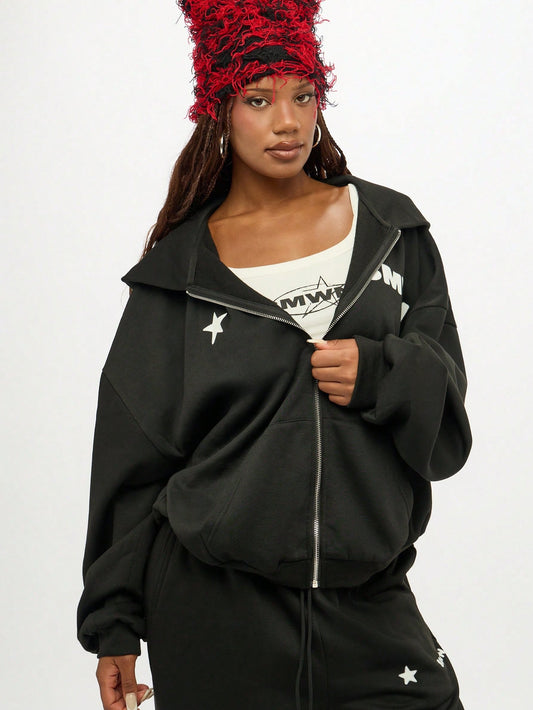 Women Star Patch Oversized Zip Hoodie