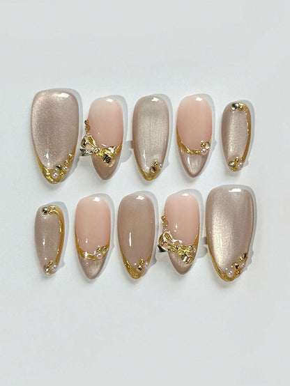 Cat Eye Almond Press-On Nails with Gold Edges & Bows