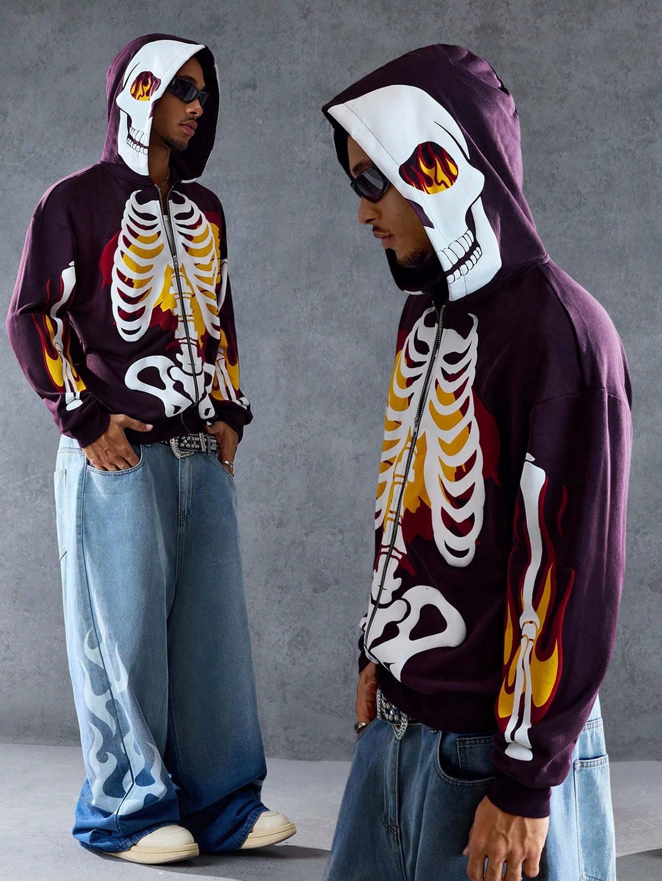 Men Anime Skeleton Print Zip Up Casual Hoodie