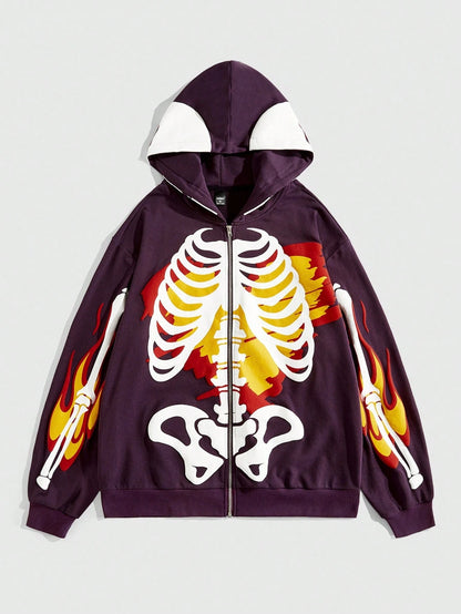 Men Anime Skeleton Print Zip Up Casual Hoodie