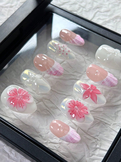 Handmade 3D Flower Purple French Almond Press-On Nails