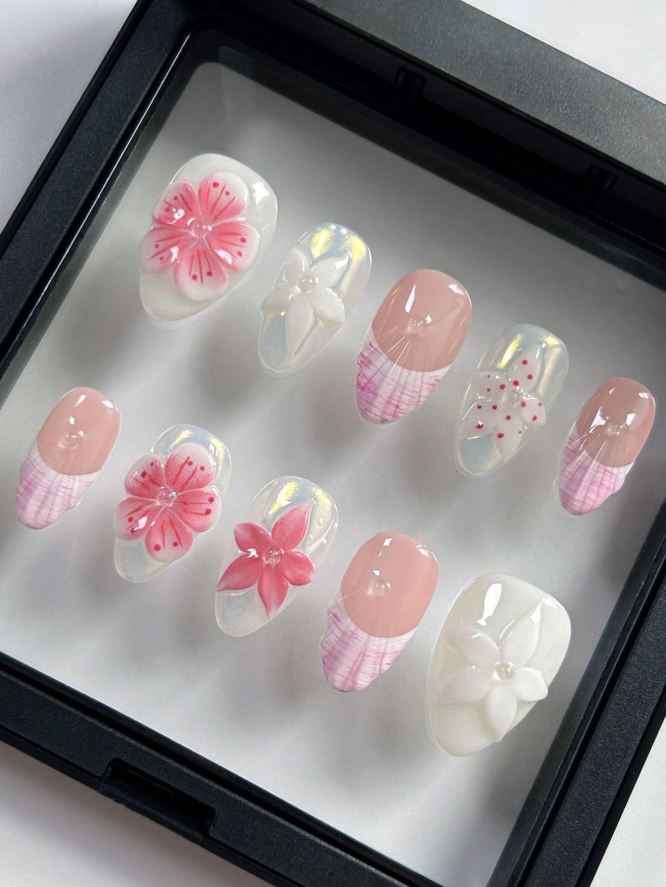 Handmade 3D Flower Purple French Almond Press-On Nails