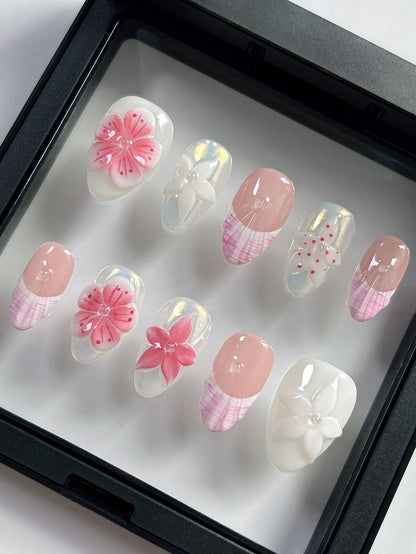 Handmade 3D Flower Purple French Almond Press-On Nails
