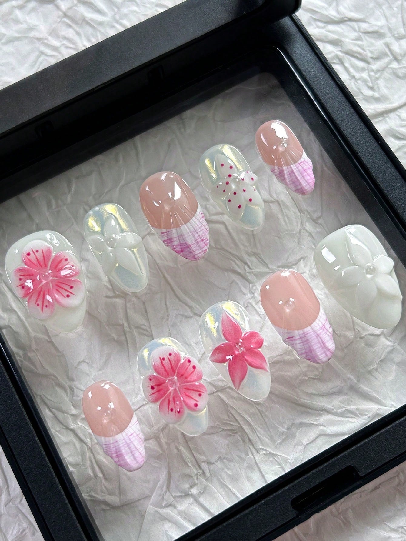 Handmade 3D Flower Purple French Almond Press-On Nails