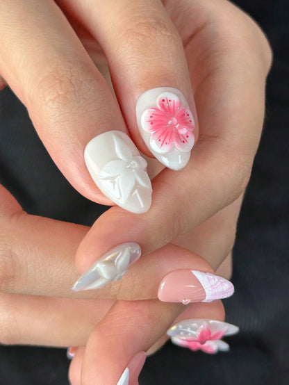 Handmade 3D Flower Purple French Almond Press-On Nails