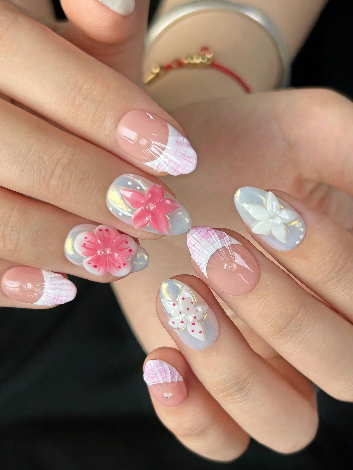 Handmade 3D Flower Purple French Almond Press-On Nails