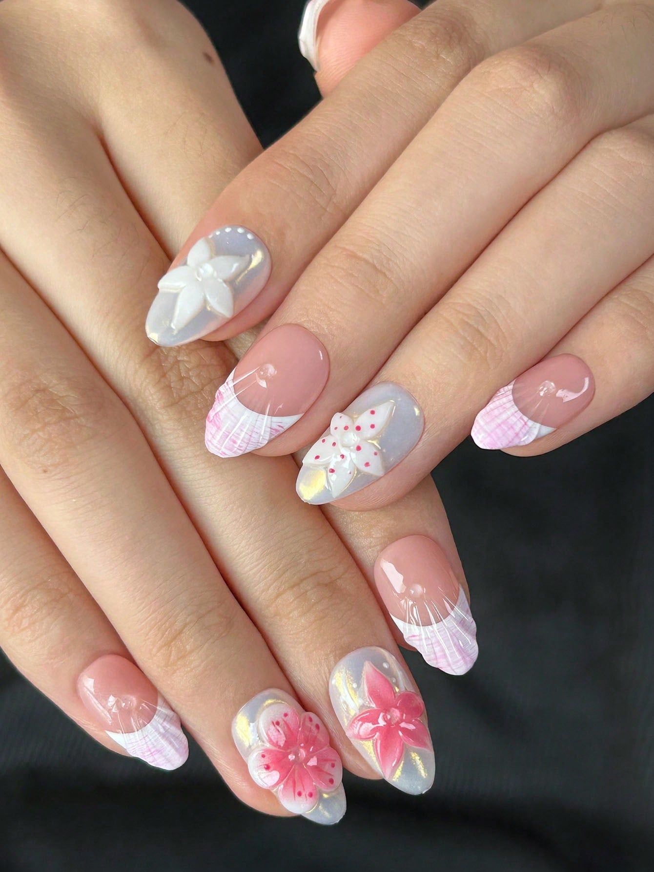 Handmade 3D Flower Purple French Almond Press-On Nails