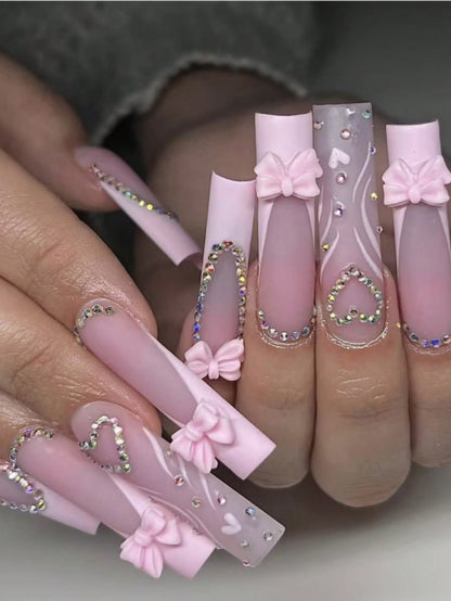 Y2K Pink French Bow Extra Long Coffin Press-On Nails