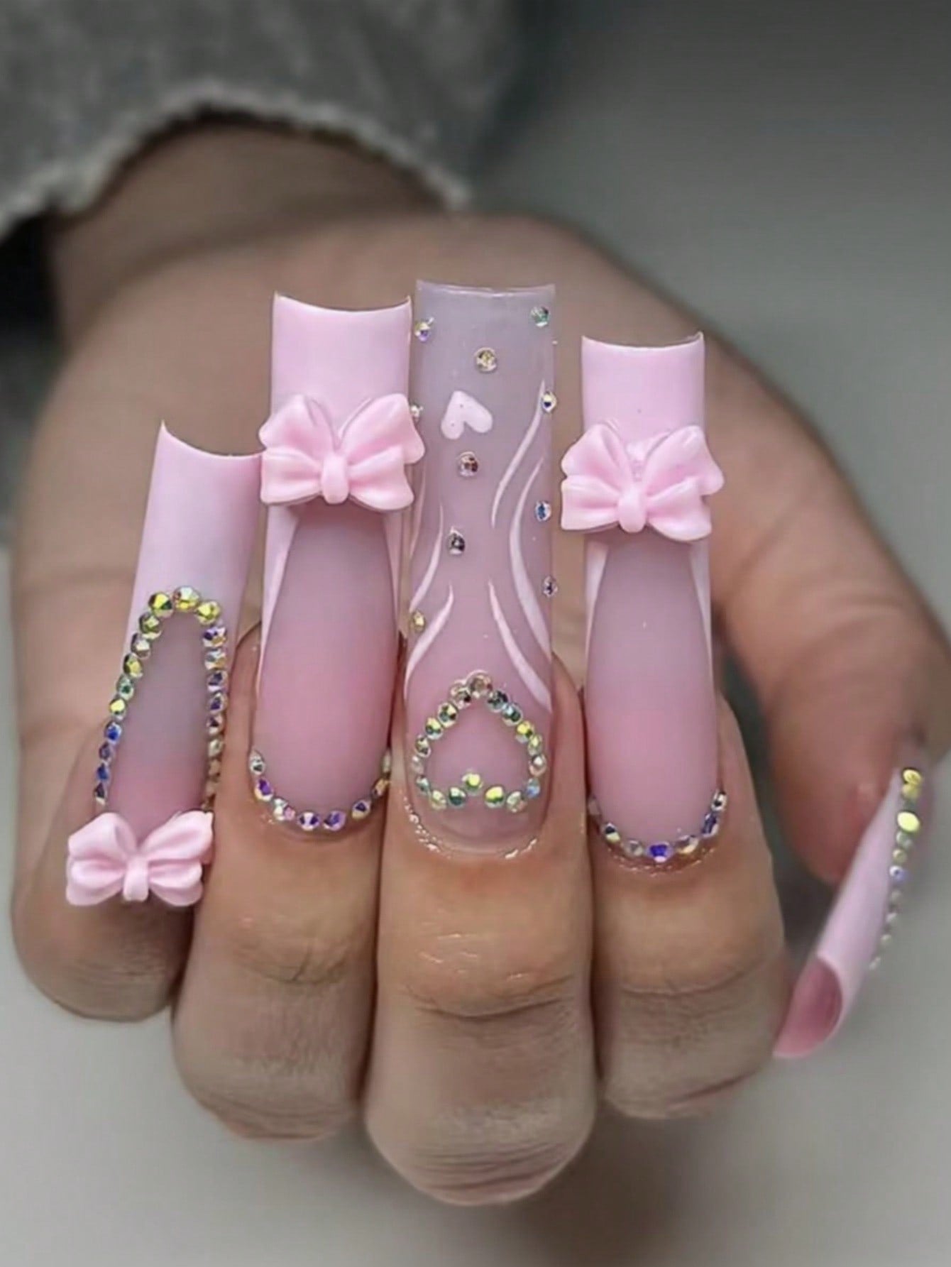 Y2K Pink French Bow Extra Long Coffin Press-On Nails