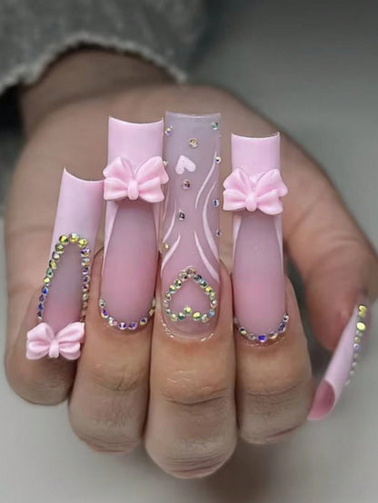 Y2K Pink French Bow Extra Long Coffin Press-On Nails