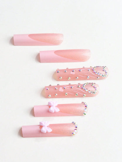 Y2K Pink French Bow Extra Long Coffin Press-On Nails