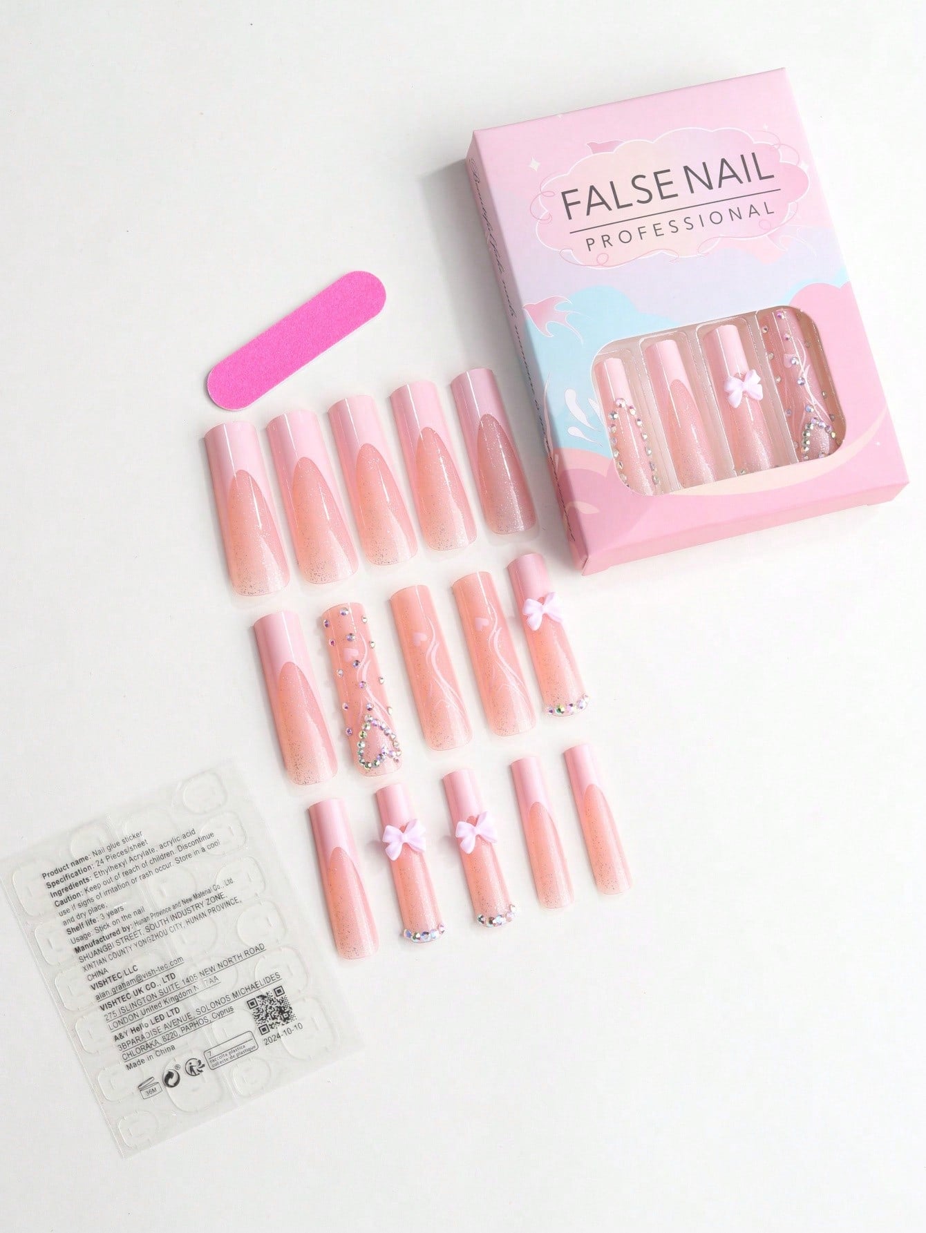Y2K Pink French Bow Extra Long Coffin Press-On Nails