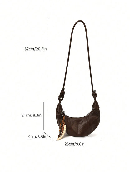 Large Capacity Crescent Shaped Solid Color PU Handbag