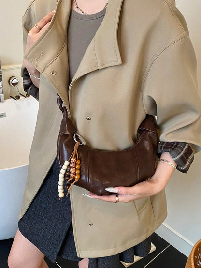 Large Capacity Crescent Shaped Solid Color PU Handbag