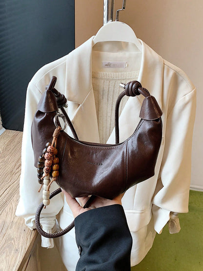 Large Capacity Crescent Shaped Solid Color PU Handbag