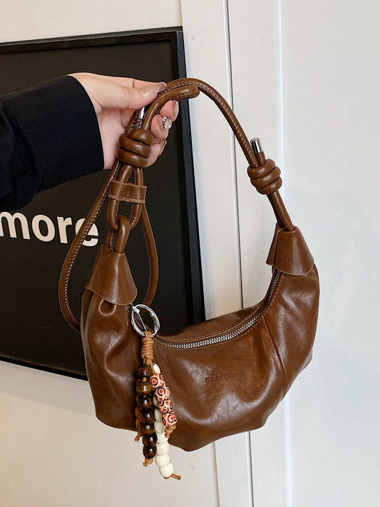 Large Capacity Crescent Shaped Solid Color PU Handbag