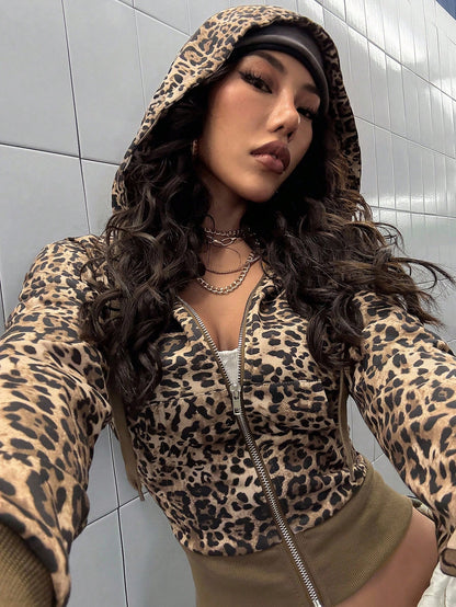 Women's Chic Leopard Print Fitted Zip-Up Short Hoodie