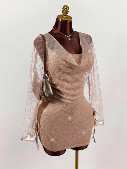 Sexy Backless Champagne Glitter Mesh Fitted Mini Dress