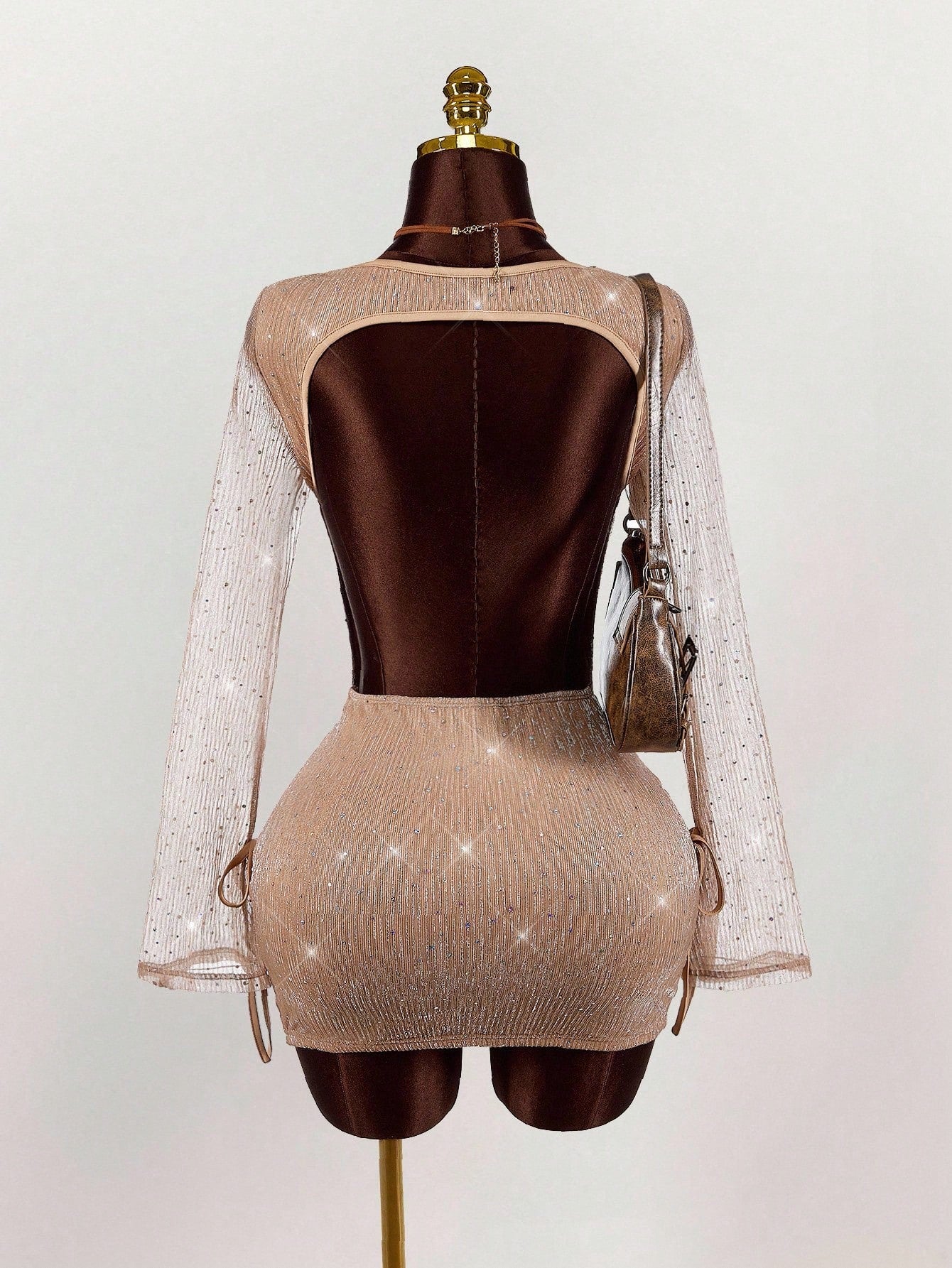 Sexy Backless Champagne Glitter Mesh Fitted Mini Dress