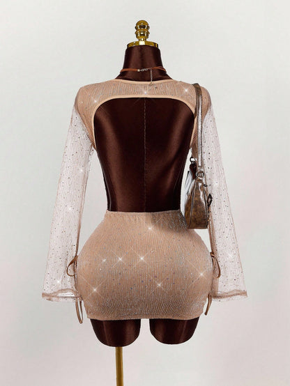 Sexy Backless Champagne Glitter Mesh Fitted Mini Dress
