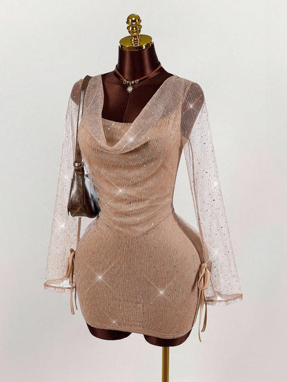 Sexy Backless Champagne Glitter Mesh Fitted Mini Dress