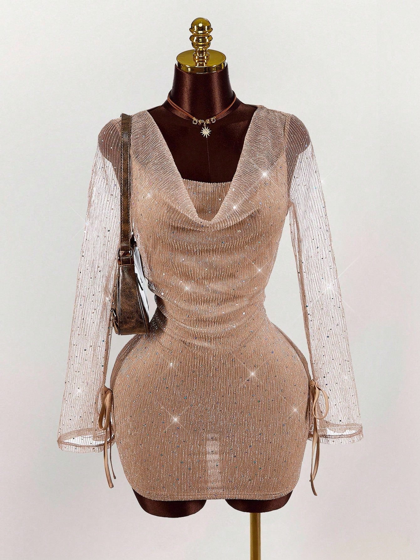 Sexy Backless Champagne Glitter Mesh Fitted Mini Dress