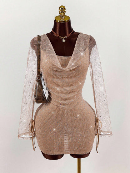 Sexy Backless Champagne Glitter Mesh Fitted Mini Dress