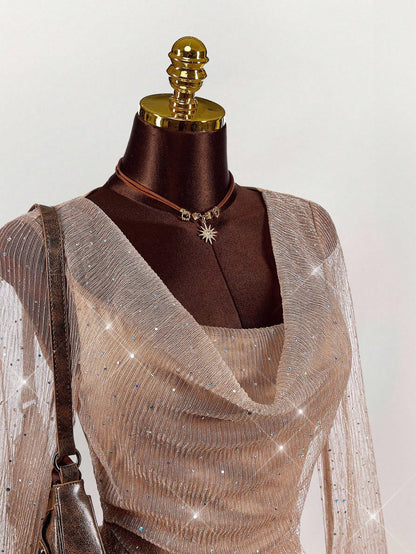 Sexy Backless Champagne Glitter Mesh Fitted Mini Dress