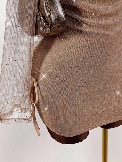 Sexy Backless Champagne Glitter Mesh Fitted Mini Dress