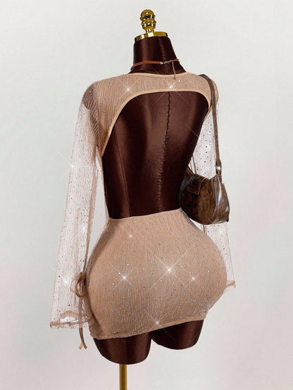 Sexy Backless Champagne Glitter Mesh Fitted Mini Dress