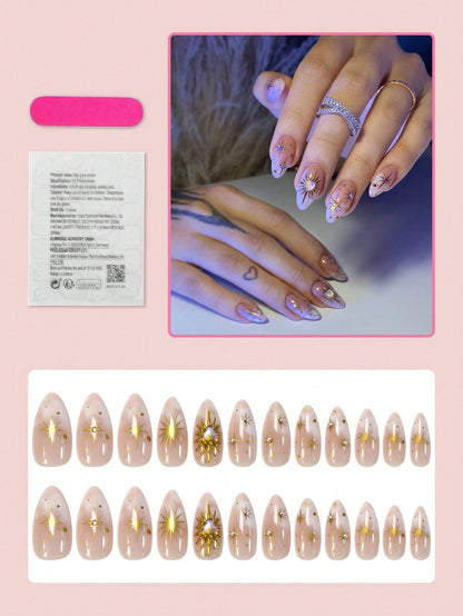 24pcs Ombre Almond Press-On Nails with 3D Heart Design