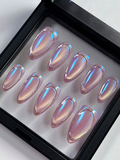 Bright Purple Cat Eye Almond Handmade Press-On Nails