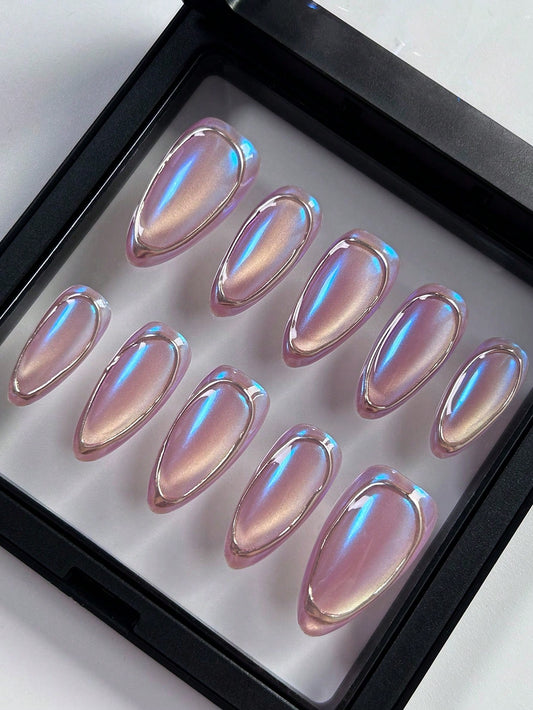 Bright Purple Cat Eye Almond Handmade Press-On Nails