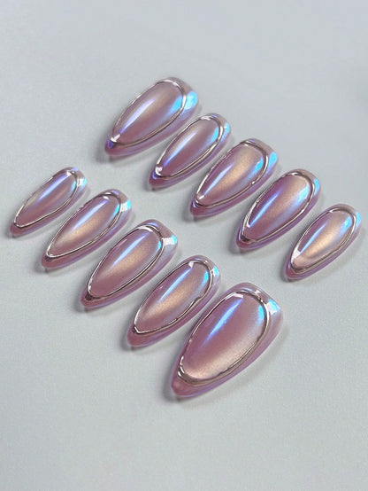 Bright Purple Cat Eye Almond Handmade Press-On Nails