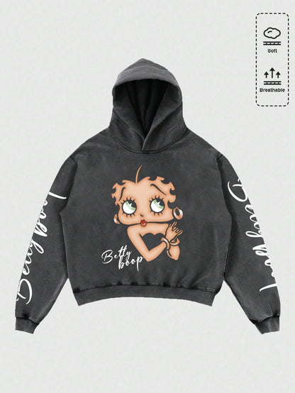 Men Betty Boop Washed Y2K Cropped Hoodie