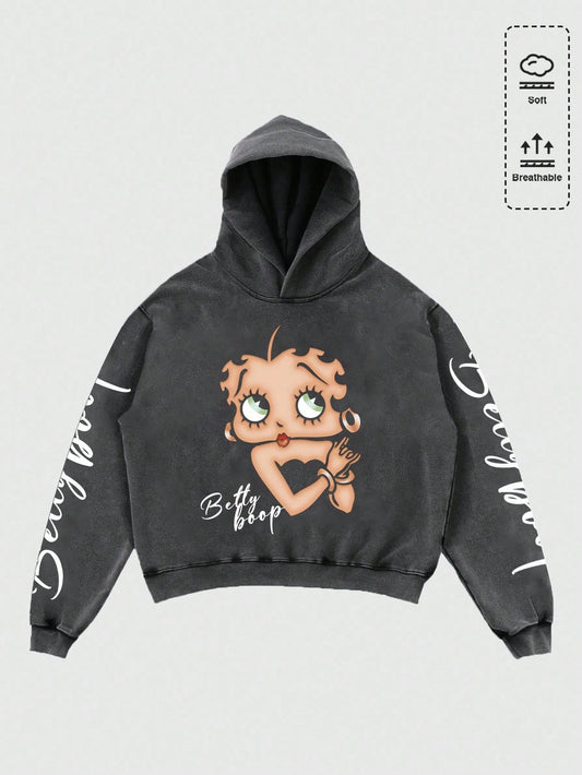 Men Betty Boop Washed Y2K Cropped Hoodie