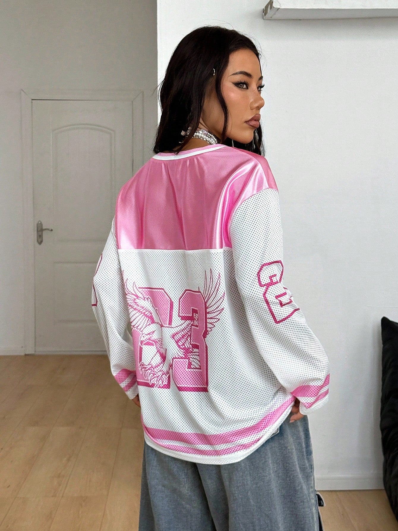 Women's Oversized Pink Colorblock Long Sleeve V-Neck Jersey