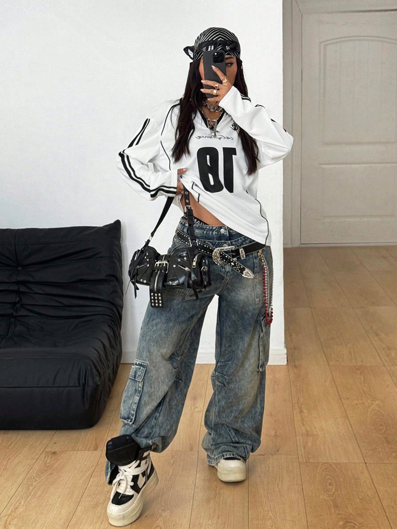 Women's White Oversized Long Sleeve V-Neck Jersey