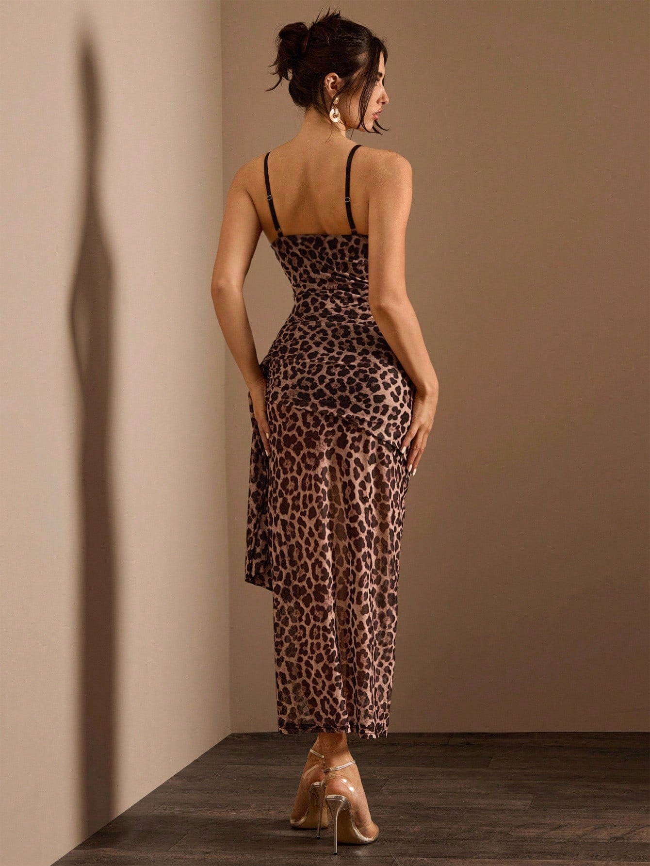 Leopard Lace Asymmetric Fishbone Maxi Dress