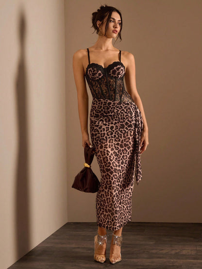 Leopard Lace Asymmetric Fishbone Maxi Dress