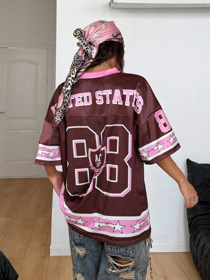 Women's Coffee Brown Oversized Knitted V-Neck Short Sleeve Top Jersey