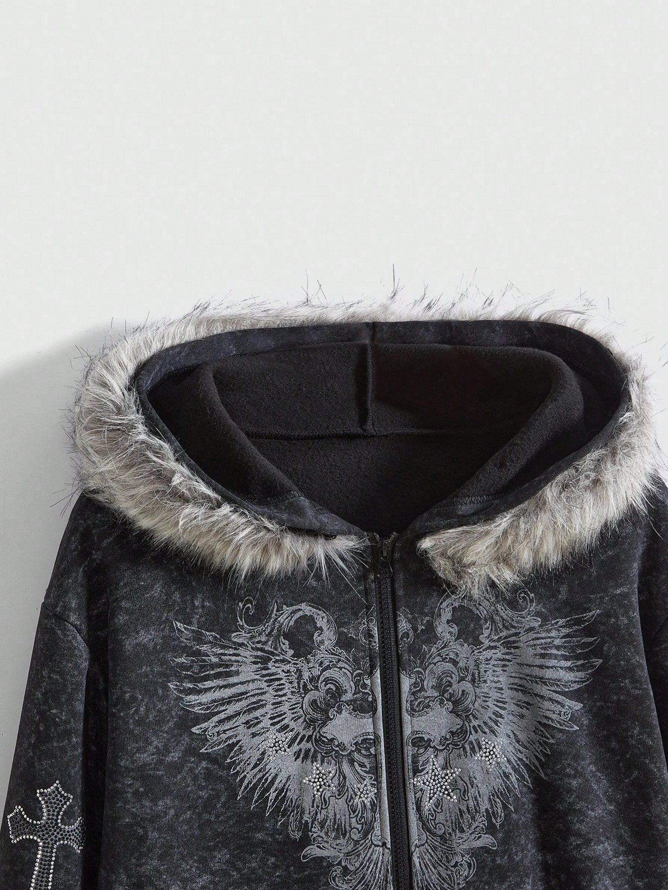 ROMWE Fairycore Distressed Cross Zip Hoodie