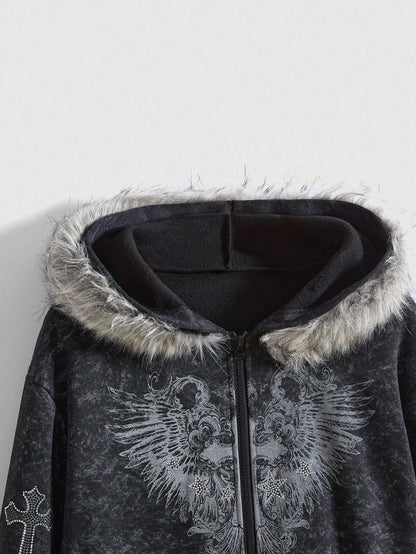 ROMWE Fairycore Distressed Cross Zip Hoodie